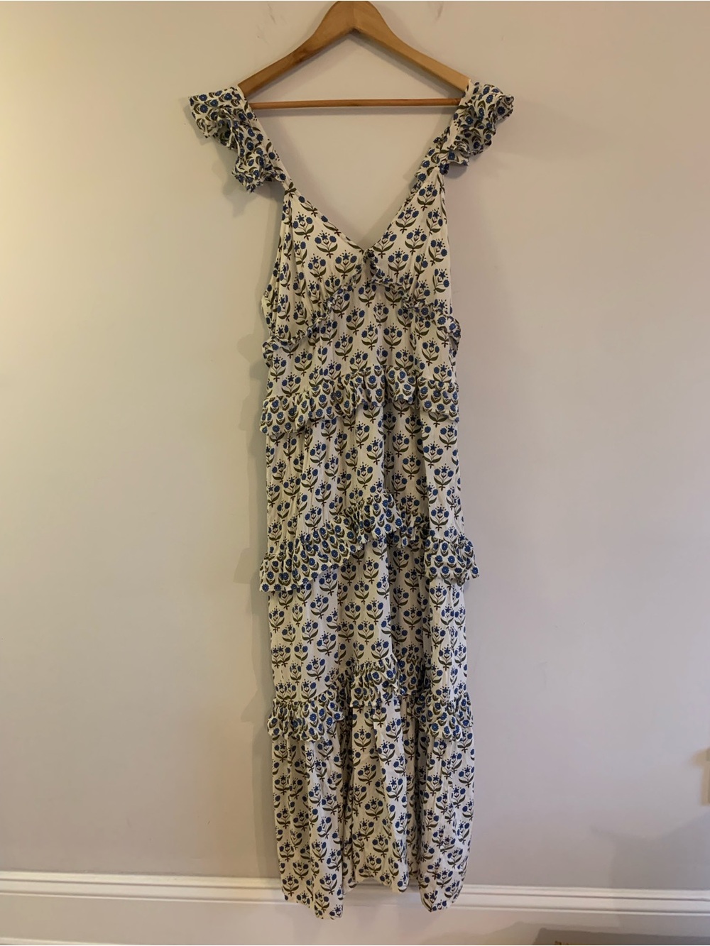 Misa Los Angeles Cream Maxi Dress with Blue Floral Print Tiered Sleeveless